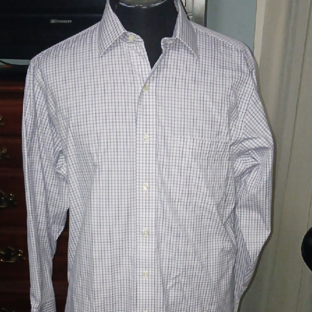 Brooks Brothers White and Blue Dress Shirt with Checkered Pattern